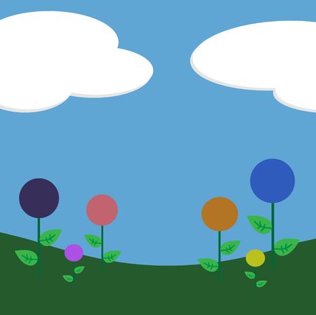 Graphic illustration of candy shaped flowers and grass against a blue sky and clouds background.の写真素材