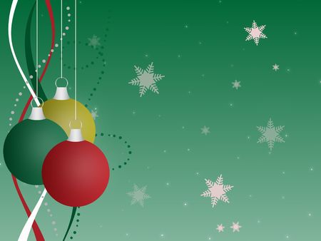 Graphic illustration of multi-colored Christmas ornaments against a green gradient background with ribbons, sparkles, and snowflakes.の写真素材