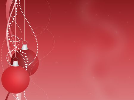 Graphic illustration of red Christmas ornaments hanging with ribbons and beads against a gradient background.の写真素材