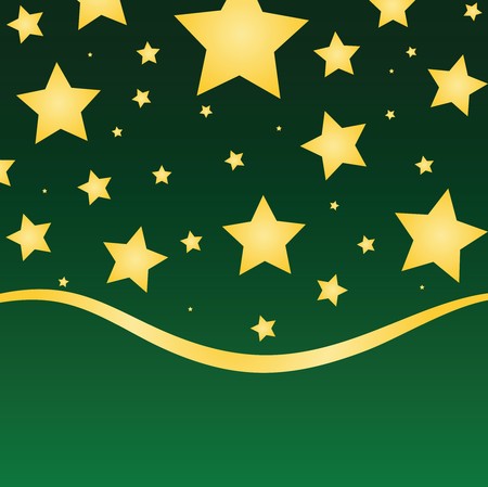 Gold stars against a green gradient background with ribbon border.の写真素材