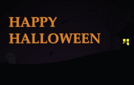 Happy Halloween text on a dark purple gradient background with spooky house, trees, and grave stone.の写真素材