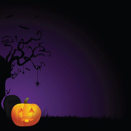 Spooky Halloween background with creepy tree, smiling pumpkin, and tombstone against purple and black gradient background.の写真素材