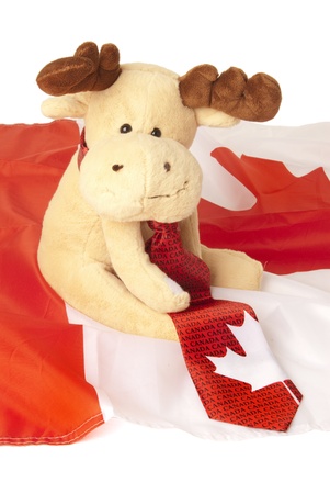 This is a moose toy seating over a canadian flag and wearing a canadian tie.の写真素材