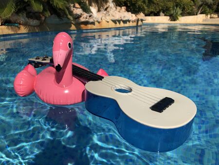 Inflatable pink flamingo and a blue plastic ukulele floating in a swimming pool. Summer fun, leisure...