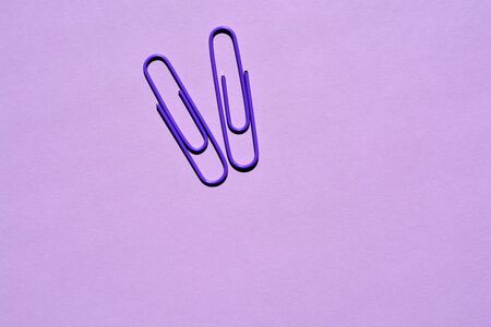 Plastic coated purple paper clips isolated on purple background with copy spaceの写真素材