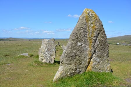 An ancient stone row, a feature of the Merrivale Prehistoric Site dating to the Bronze Age, near Merrivale in Dartmoor National Park, Devon, Englandの写真素材