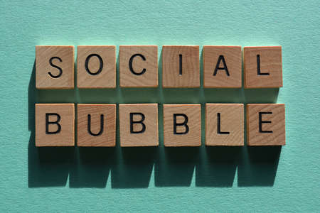 Social Bubble, words in wood alphabet letters isolated on plain background. Buzzword  during the...
