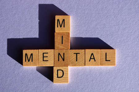 Mind, Mental, words in  wood alphabet letters in crossword form isolated on purpleの写真素材