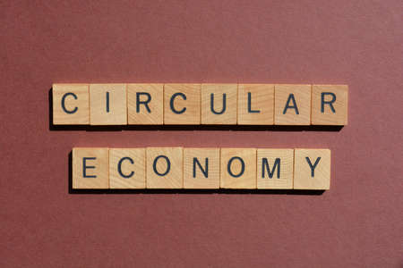 Circular Economy, words in wooden alphabet letters isolated on brown background