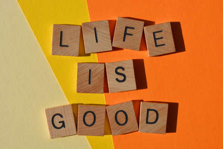 Life Is Good, motivational words in wooden alphabet letters isolated on orange and yellow backgroundの写真素材
