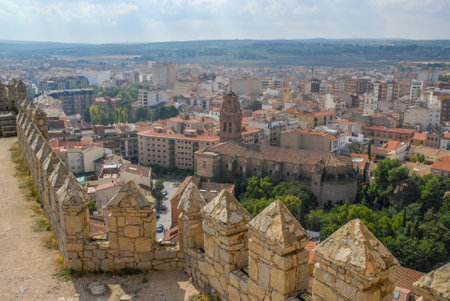 Almansa, Albacete, Spain - view from castle ramparts  to church and city buildings, with plains in the distance.の写真素材