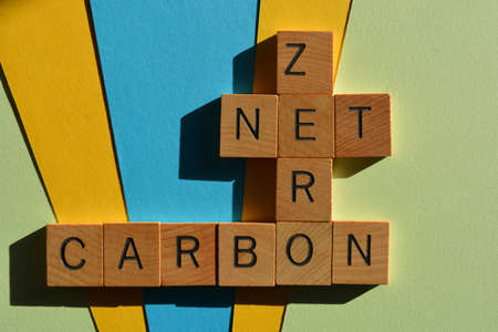 Net, Zero, Carbon, words in wooden alphabet letters in crossword formの写真素材