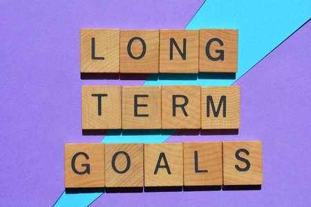 Long Term Goals, words in wooden alphabet letters isolated on background