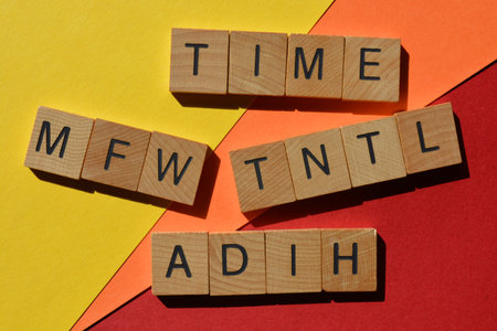 ADIH, Another Day in Hell, TNTL Trying Not to Laugh, MFW, My Face When,  and TIME, Tears in My Eyes, abbreviations used as text speak in social media, isolated on colourful backgroundの写真素材