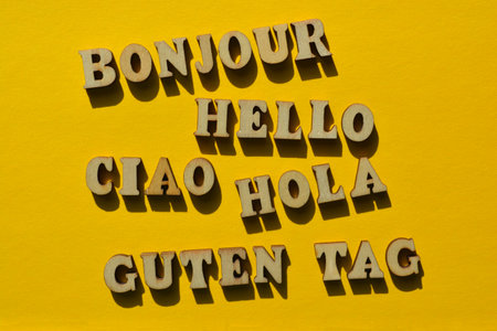 Hello, word in different European languages including French, English Italian, Spanish and Germanの写真素材