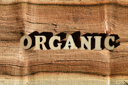 Organic, word in wooden alphabet letters isolated on natural wood grain textured background as banner headlineの写真素材