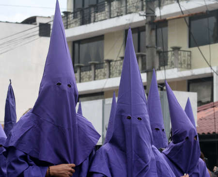 Quito, Ecuador - april 06, 2012 - Penitents at the Good Friday processionのeditorial素材