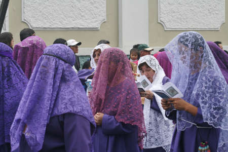 Quito, Ecuador - March 29, 2013: Veiled women, the so called Veronicas, at the Good Friday procession のeditorial素材