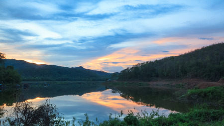 the lake view in mountain and twilight timeの写真素材