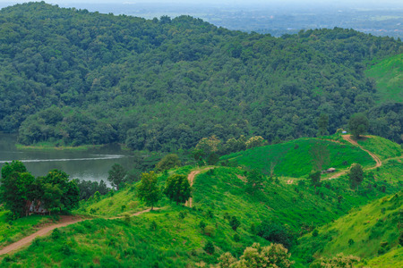 Road to fishing village in reservoirの写真素材