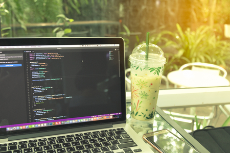 Developing programming and coding Applications with laptop. Website design, Mobile App, Cyber space...
