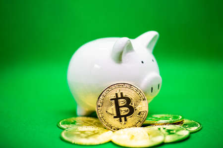 White piggy Bank on a green background and human hand putting coin in piggy bank for saving money wealth and finance concept and the copyspace for design.の写真素材