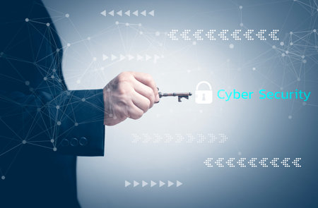 Businessman touching a key to open cyber security online safety The concept of setting up an...
