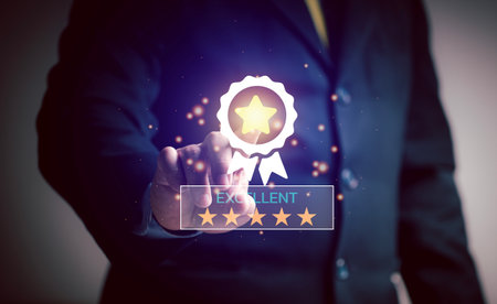 Businessman touching touch screen rated star excellent service satisfaction. concept of...