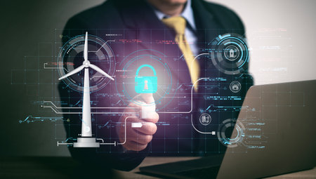 concept of online security. Businessman is verifying identity with security system to access...