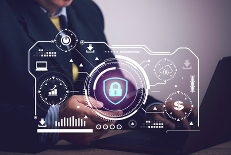 concept of online security. Businessman is verifying identity with security system to access...