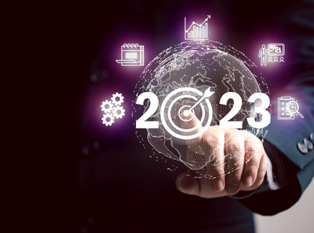 marketing strategy concept. Selected marketing target audience goals for 2023. Businessman setting...