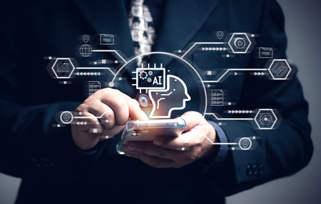 Ai tech, businessman show virtual graphic Global Internet connect with AI, Artificial Intelligence...