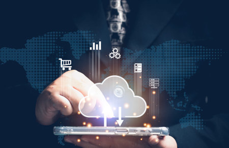 Cloud computing and bigdata storage concept. Businessman using cloud data storage to keep data and...