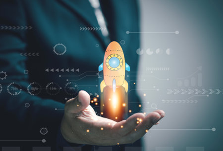 Startup business concept. rocket is launching flying for growth business. startup in many field like IT innovation technology, food, delivery, travel, medical, e-commerce, education.の写真素材