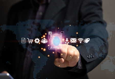 online safety concept. Businessman setting up mobile security to conduct various online transactions via mobile phone. Security encryption to prevent data theft from hackers. Cloud. Big Data.の写真素材