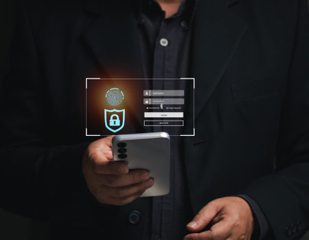 Online identity verification concept. Businessman verifying identity of transaction by using mobile...