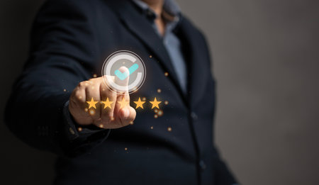 Satisfaction rating concept. business people rate 5 stars Satisfaction with the service of various businesses service. opinion survey in Industrial, business, restaurant, hotel, food.の写真素材