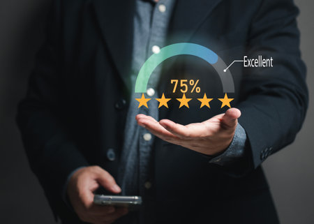 concept of satisfaction The man gave a five-star satisfaction rating on his hand. Scoring surveys on the services of shops, industries, education, restaurants, hotels.の写真素材