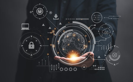 Artificial intelligence concept. A man holds a graphic globe in his hand. AI is used in various...