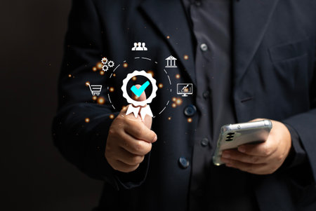 Concepts regarding satisfaction ratings. Men use mobile phones to rate their satisfaction with service. Survey of opinions on services Conducting questionnaires on business, technology, education, industry, shopping, bank.の写真素材