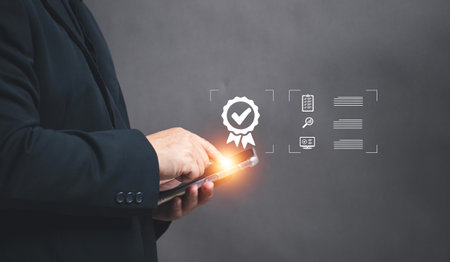 Businesspeople rate the highest satisfaction when receiving services using their smartphones. Responding to surveys to assess quality. Taking surveys online. certificate questionnaire. marketing.の写真素材