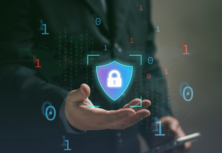 Online cyber security concept. Businessman uses mobile phone to verify identity at virtual screen to...