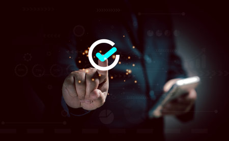 Businesspeople rate the highest satisfaction when receiving services using their smartphones. Responding to surveys to assess quality. Taking surveys online. certificate questionnaire. marketing.の写真素材