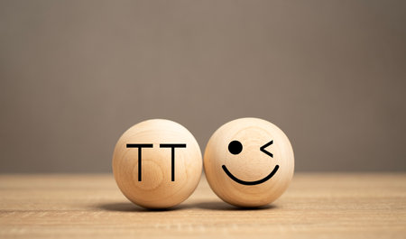 The concept of satisfaction in business services. A smiling icon with one eye closed and a crying icon on a wooden ball were placed on the table. Poll Questionnaire Response Happiness. Marketing.の写真素材