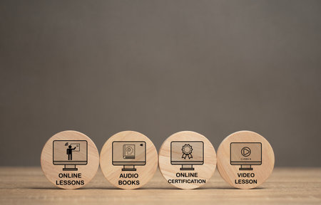 Concepts about online e-learning. Online digital literacy education. The cyberspace virtual screen training lesson. Server room for university student studying in website. Use laptop, mobile, website.の写真素材