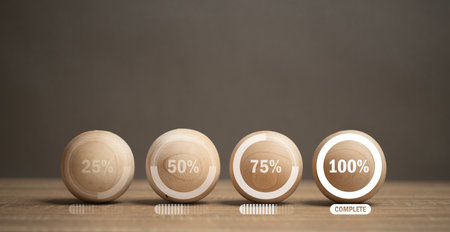 concept of progress in work. Number icon displayed as a percentage on the wooden ball. work progress Development of corporate business. success strategy progressive marketing. business management.の写真素材