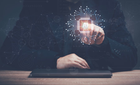 Ai, the concept of artificial intelligence use analytics for big data. Man press to the AI icon in virtual screen. AI is the future technology use for development information innovation network.の写真素材