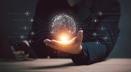 Businessman holding a world virtual. Big data. Online marketing Communication of business and organizational information. making expansion and financial plans. sales strategies and plans.の写真素材