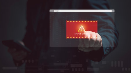 Risk management solution. Man use mobile phone place at the virtual screen, system warning. Cyber security, hack on the internet. Hacker by thief online. Safe for money, finance, investment.の写真素材