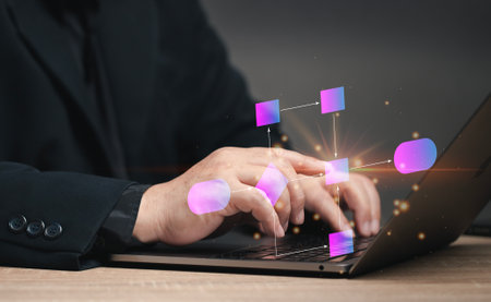 Man points at virtual four-chart screen using notebook. Concepts regarding work planning. Strategy of work plan diagram. Work flow solution. Chart of work and success map.の写真素材
